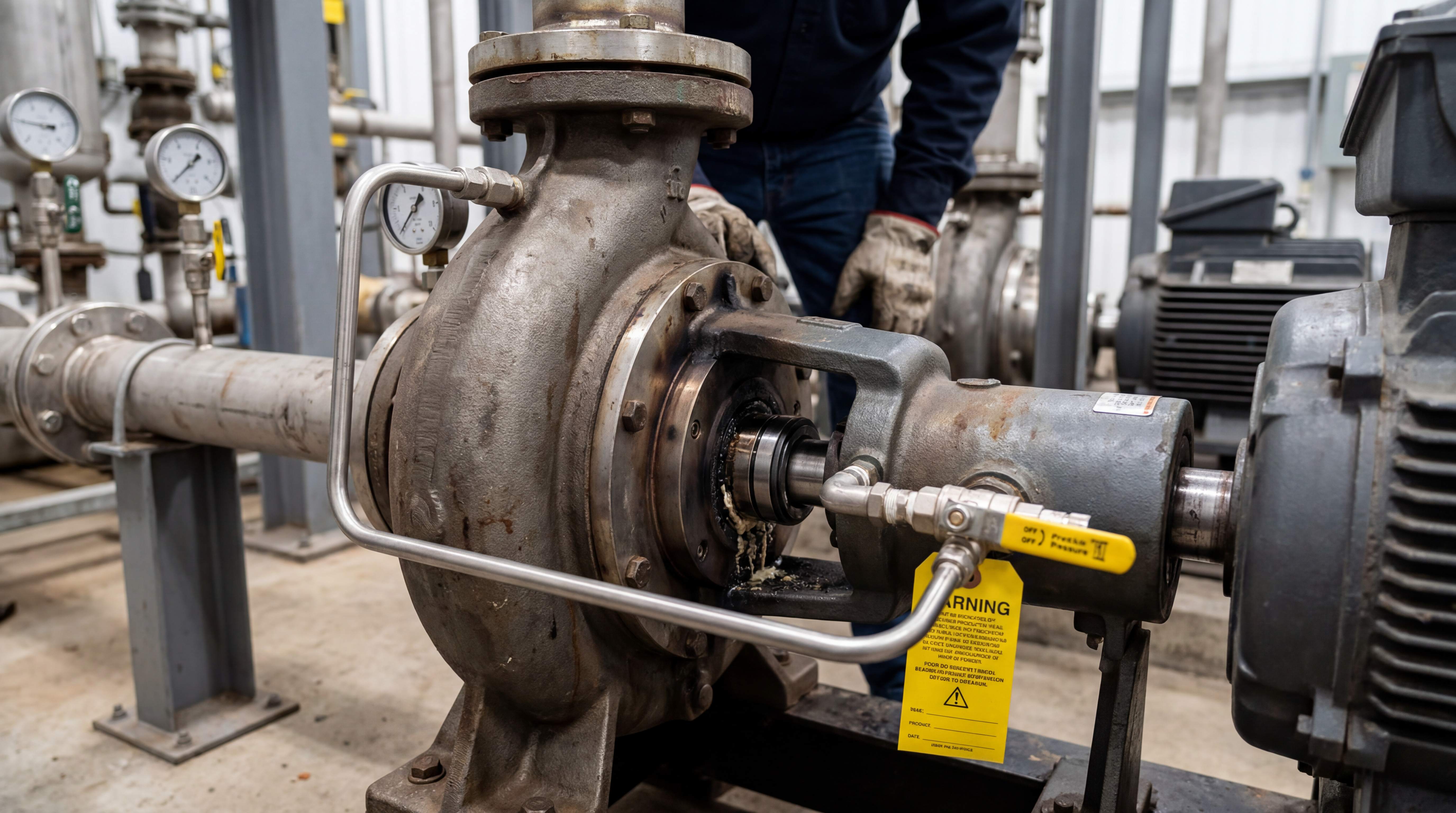 Industrial pump mechanical seal with flush piping and gauges during field inspection showing seal leakage and operating condition troubleshooting